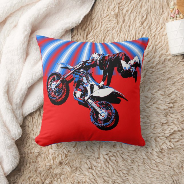 Retro Motocross Rider Design Throw Pillow (Blanket)