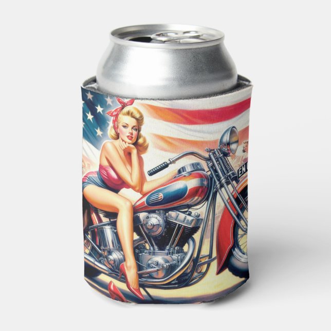 Retro Motorcycle Pin Up Can Cooler (Can Front)