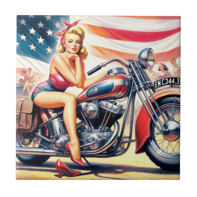 Retro Motorcycle Pin Up Ceramic Tile (Front)