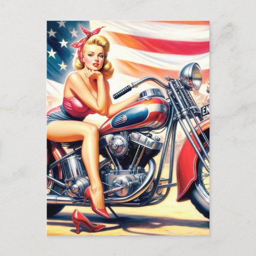 Retro Motorcycle Pin Up Postcard