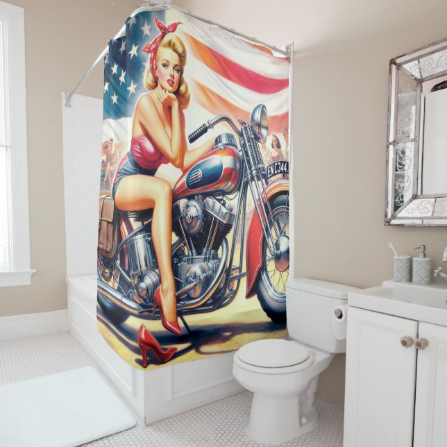 Retro Motorcycle Pin Up Shower Curtain (In Situ)