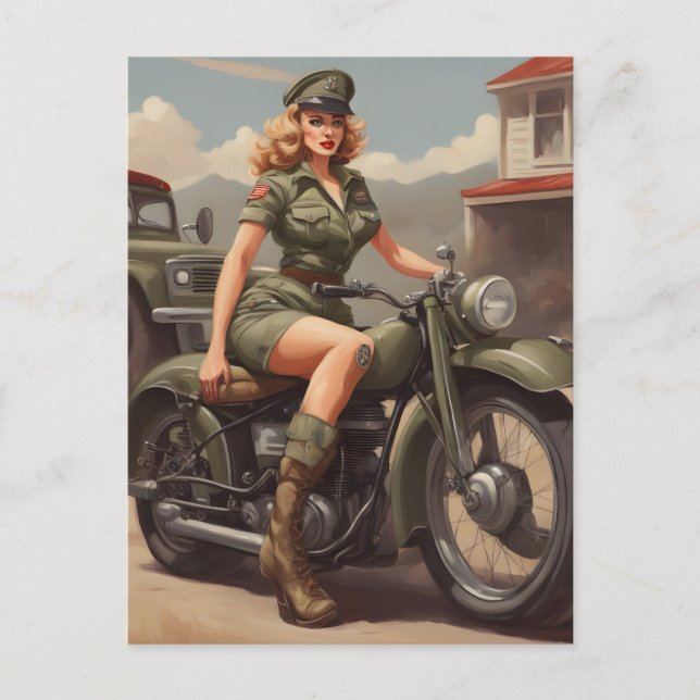 Retro Motorcycle Pinup Woman Postcard (Front)