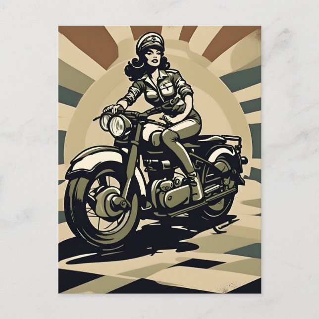 Retro Motorcycle Pinup Woman Postcard (Front)