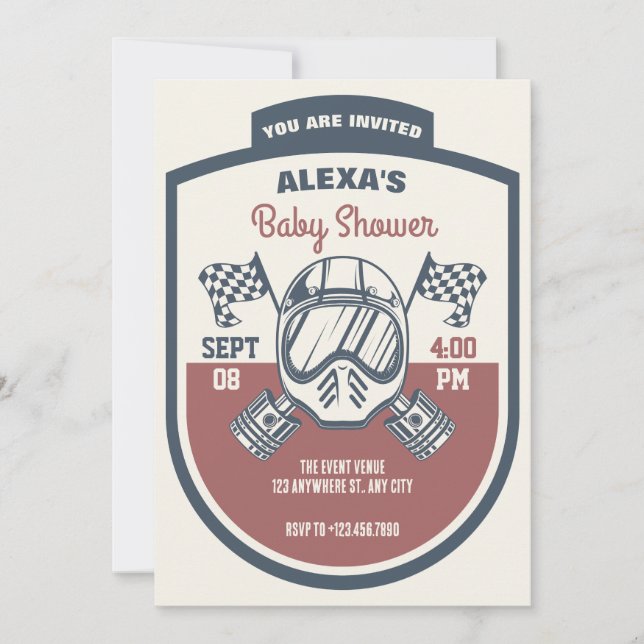 Retro motorcycle racing baby shower invitation (Front)