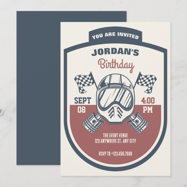 Retro motorcycle racing birthday invitation (Front/Back)