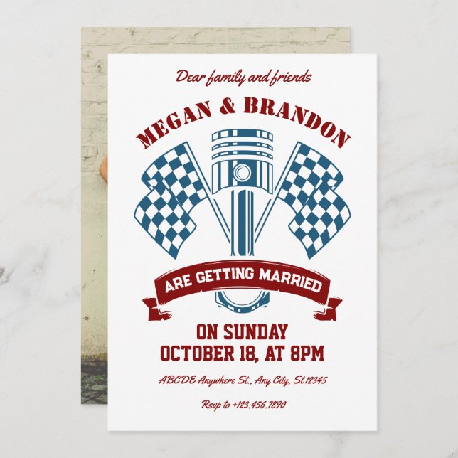 Retro motorcycle racing machine wedding invitation (Front/Back)