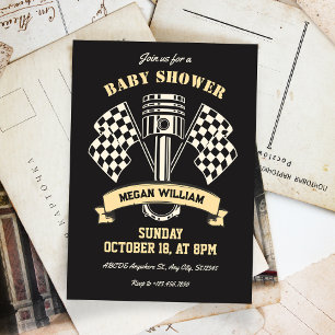 Retro motorcycle racing mechanic baby shower invitation