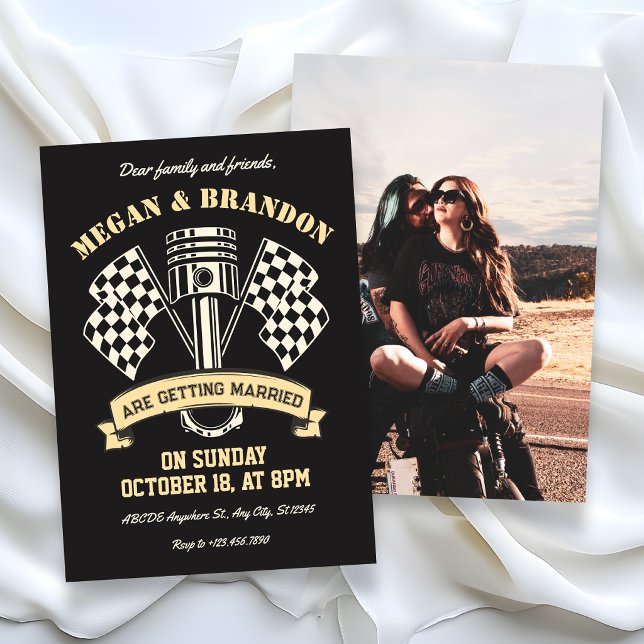 Retro motorcycle racing mechanic machine wedding invitation (Creator Uploaded)