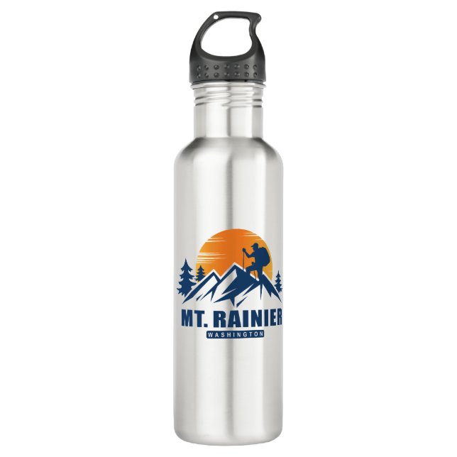 Retro Mount Rainier Hike T-Shirt Stainless Steel Water Bottle (Front)