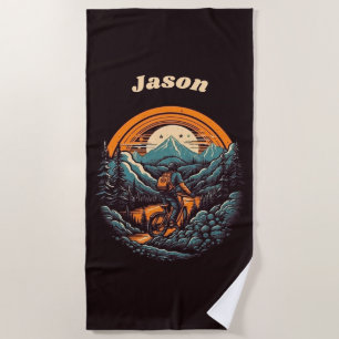 Retro Mountain Adventure Cycling Life, custom Beach Towel