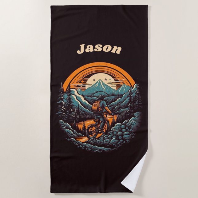 Retro Mountain Adventure Cycling Life, custom Beach Towel (Front)