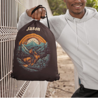 Retro Mountain Adventure Cycling Life, custom Drawstring Bag