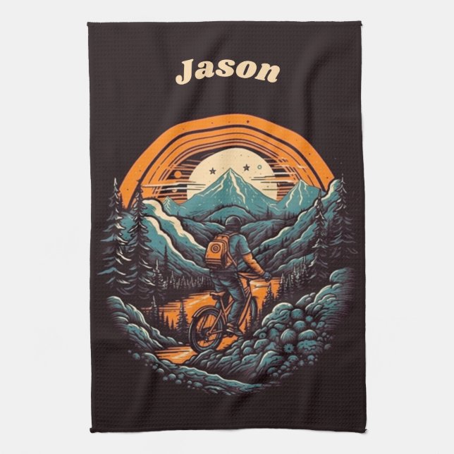 Retro Mountain Adventure Cycling Life, custom Kitchen Towel (Vertical)