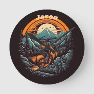 Retro Mountain Adventure Cycling Life, custom Round Clock