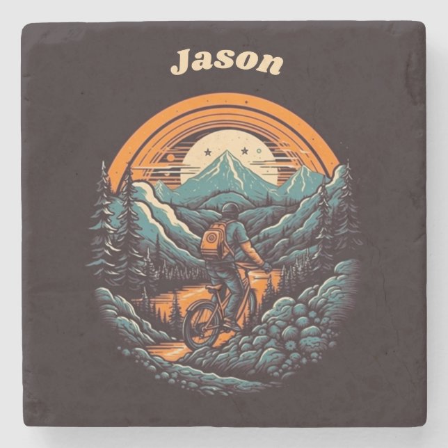 Retro Mountain Adventure Cycling Life, custom Stone Coaster (Front)