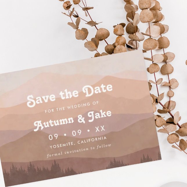 Retro Mountain and Forest Dusty Pink Ombre Wedding Save The Date (Creator Uploaded)