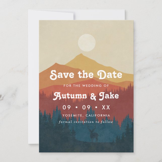 Retro Mountain and Forest Overlay Wedding Save The Date (Front)
