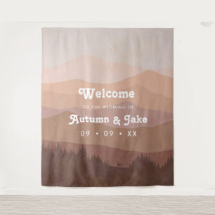 Retro Mountain and Forest Pink Wedding Welcome Tapestry