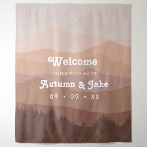 Retro Mountain and Forest Pink Wedding Welcome Tapestry