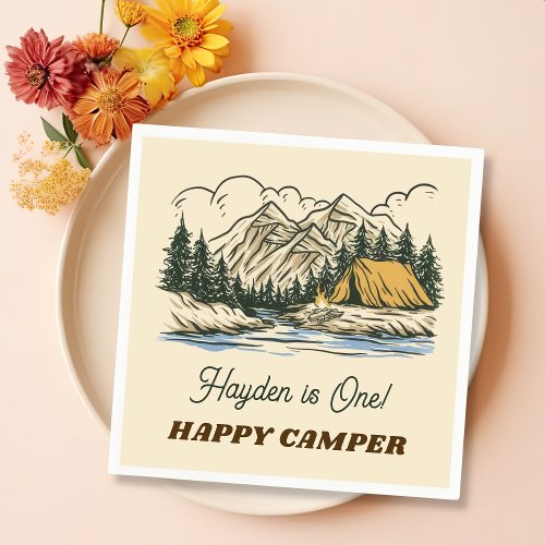 Retro Mountain Camping Birthday Party Napkins