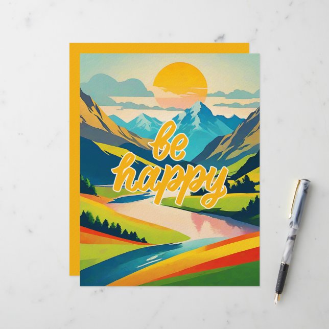 Retro Mountain Landscape "Be Happy" Letterhead (Front/Back In Situ)