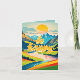 Retro Mountain Landscape "Be Happy" Note Card