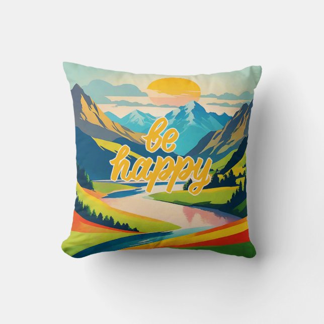 Retro Mountain Landscape Be Happy Throw Pillow (Front)