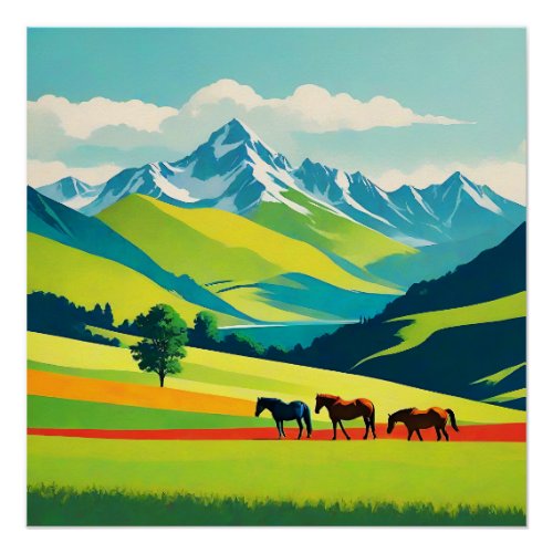 Retro Mountain Landscape Illustration Colorful Poster