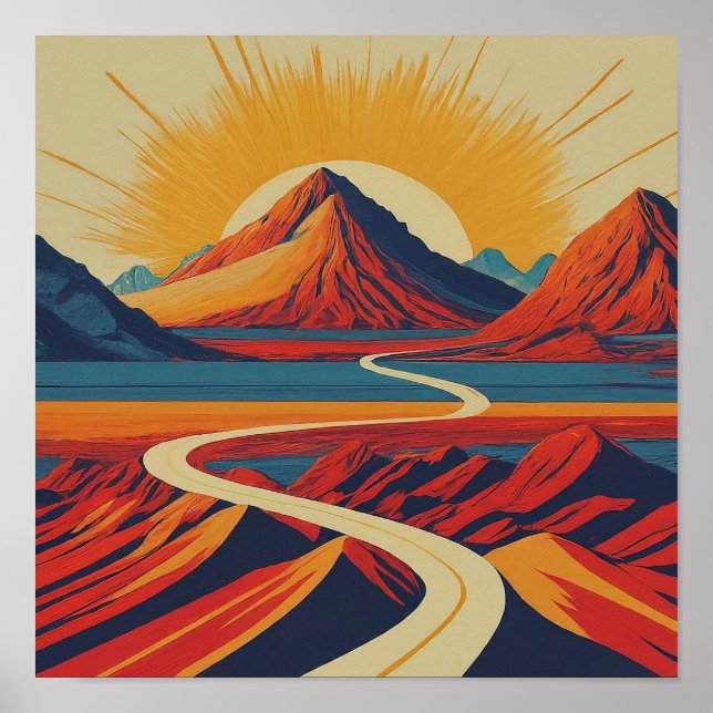 Retro Mountain Landscape Illustration Modern Red Poster (Front)