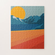 Retro Mountain Landscape Illustration Orange Blue Jigsaw Puzzle