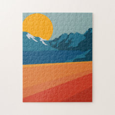 Retro Mountain Landscape Illustration Orange Blue Jigsaw Puzzle at Zazzle