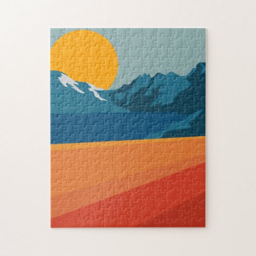 Retro Mountain Landscape Illustration Orange Blue Jigsaw Puzzle