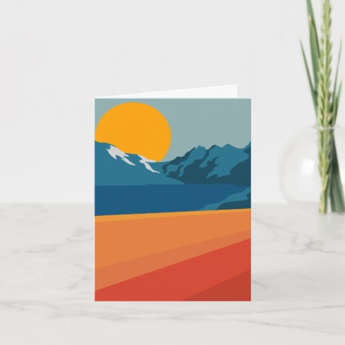 Retro Mountain Landscape Illustration Orange Blue Note Card