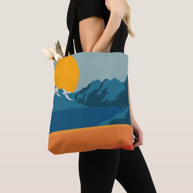 Retro Mountain Landscape Illustration Orange Blue Tote Bag (Close Up)