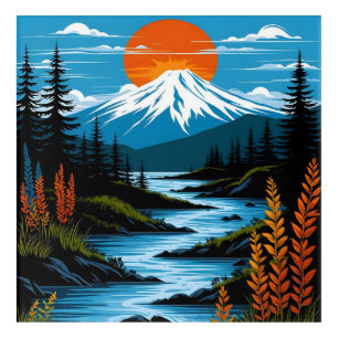 Retro Mountain Landscape Illustration Red Blue Acrylic Print