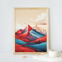 Retro Mountain Landscape Illustration Red Blue Art