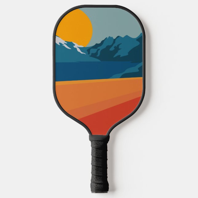 Retro Mountain Landscape Illustration Red Blue Pickleball Paddle (Front)