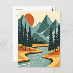 Retro Mountain Landscape Illustration Red Blue Postcard