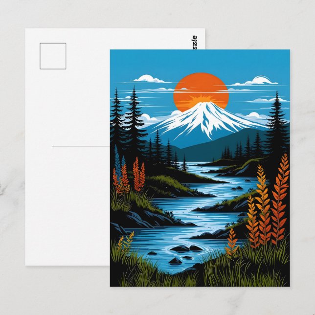 Retro Mountain Landscape Illustration Red Blue Postcard (Front/Back)