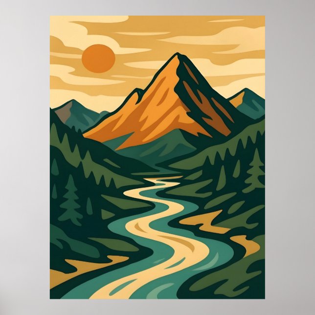 Retro Mountain Landscape Illustration Red Blue Poster (Front)