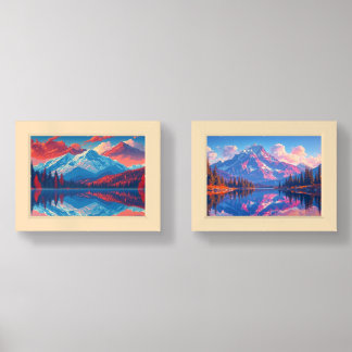 Retro Mountain Landscape Illustration Red Blue Wall Art Sets
