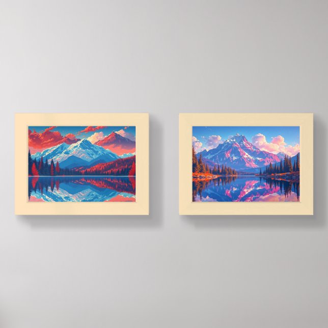 Retro Mountain Landscape Illustration Red Blue Wall Art Sets (Front)