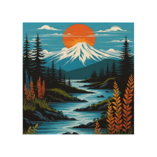 Retro Mountain Landscape Illustration Red Blue Wood Wall Art