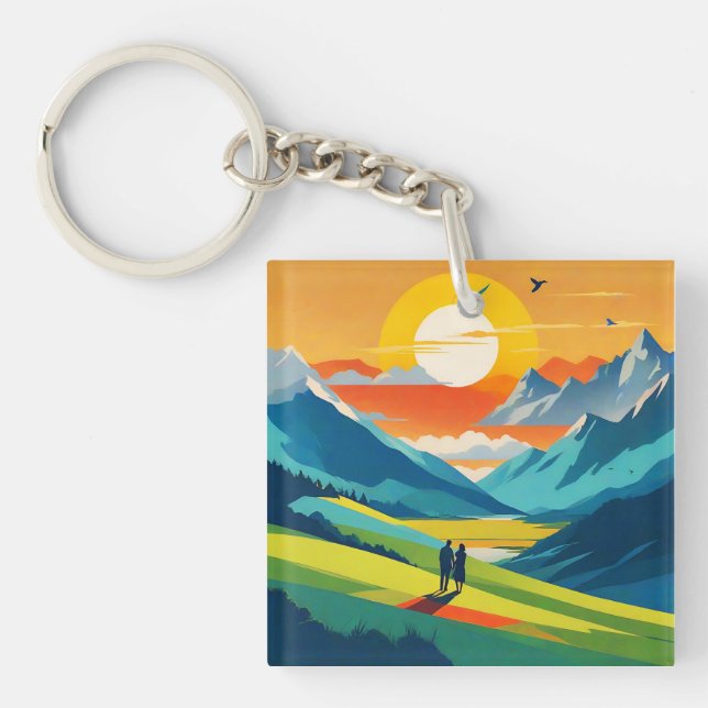 Retro Mountain Landscape Love Keychain (Front)