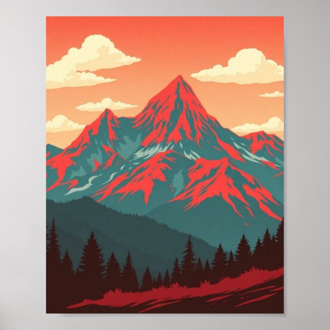 Retro Mountain Landscape Red Blue Poster (Front)