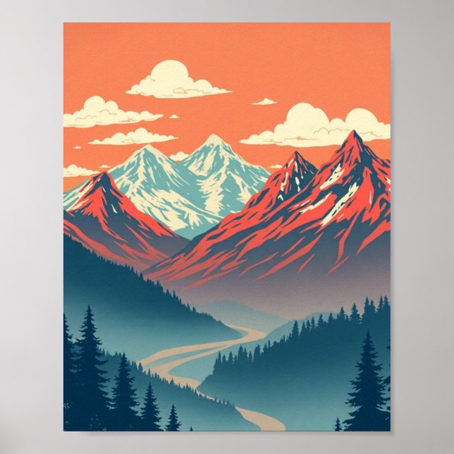 Retro Mountain Landscape Red Blue Poster (Front)