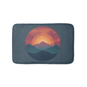 Retro Mountain Sunset Art Watercolor Painting Blue Bath Mat