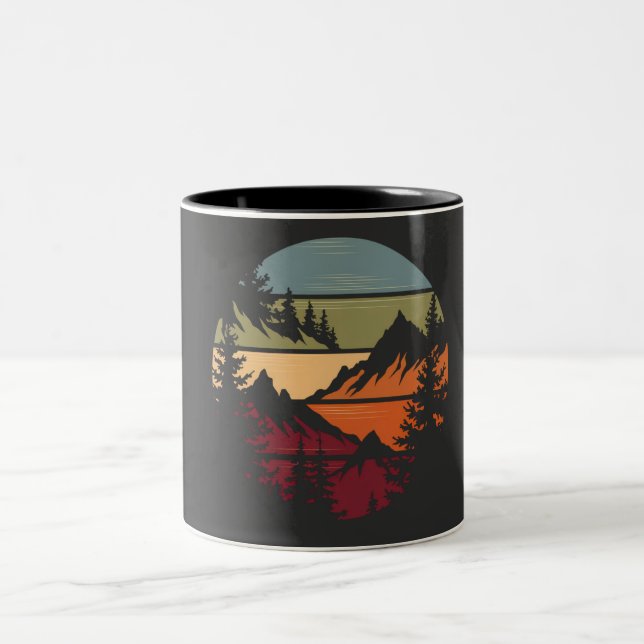 Retro Mountain Sunset Outdoors Hiking Gift  Two-Tone Coffee Mug (Center)