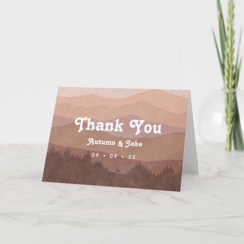 Retro Mountains  Forest  Dusty Pink Wedding Thank You Card