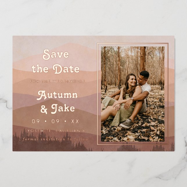Retro Mountains Photo Wedding Save The Date Foil Invitation (Front)